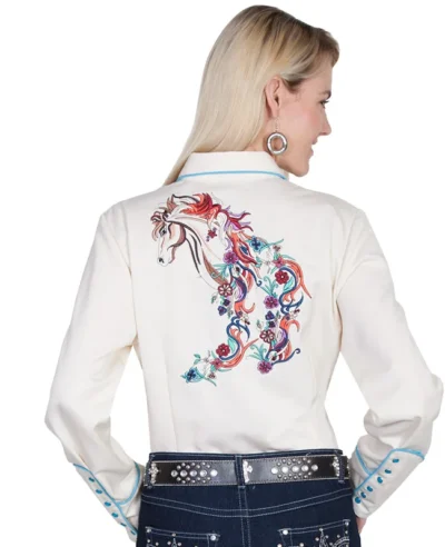 cream multi colored horse embroidered pearl snap western shirt for women