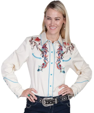 cream multi colored horse embroidered pearl snap western shirt for women