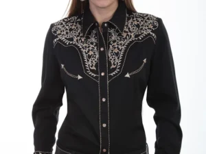 Scully Women's Ivy Embroidered black pearl snap Western Shirt.