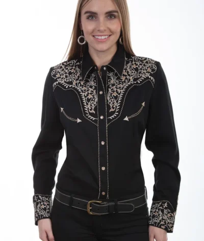 Scully Women's Ivy Embroidered black pearl snap Western Shirt.