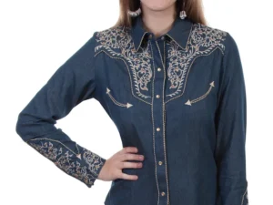 Scully Women's Ivy Embroidered blue denim pearl snap Western Shirt.