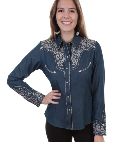 Scully Women's Ivy Embroidered blue denim pearl snap Western Shirt.