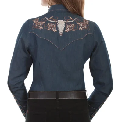 Women’s Rose Embroidered Denim Western Shirt