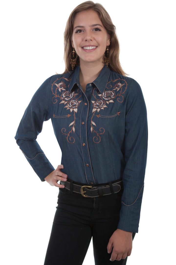 Scully Women’s Rose Embroidered Denim Western Shirt