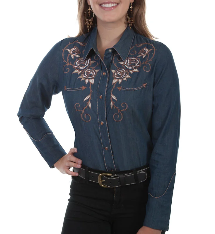 Women’s Rose Embroidered Denim Western Shirt