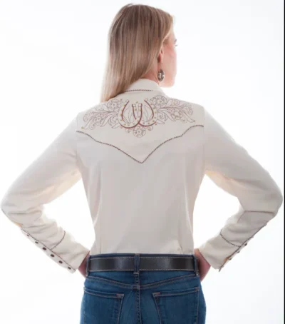The back view of a woman wearing jeans and the "Double the Luck" Horseshoe Womens Scully Western Shirt.