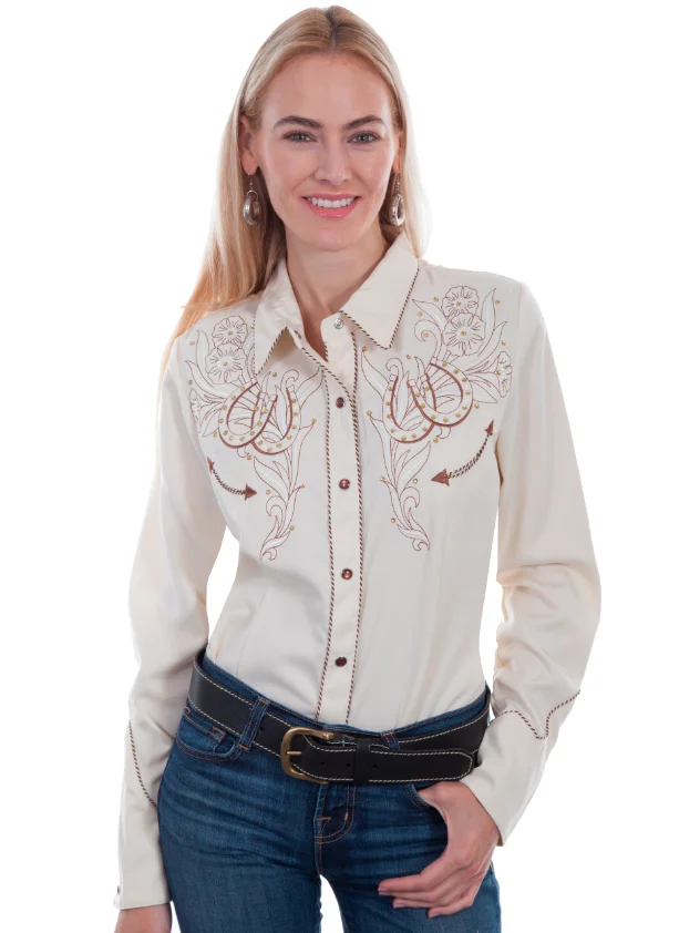 Double the Luck" Horseshoe Women's Scully Western Shirt, cream, hi-res.