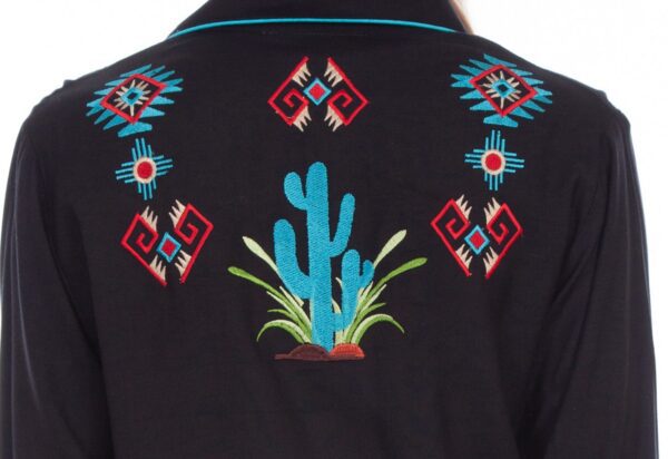 A Womens Scully Turquoise Cactus Retro Black Western Shirt with cactus embroidered on it.