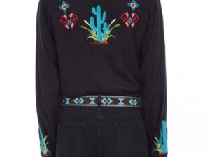 The back view of a woman wearing a Womens Scully Turquoise Cactus Retro Black Western Shirt.