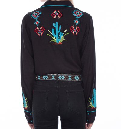 The back view of a woman wearing a Womens Scully Turquoise Cactus Retro Black Western Shirt.
