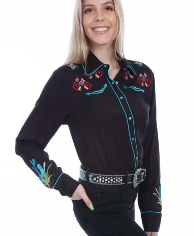 women's desert cactus embroidered rhinestone Western Shirt