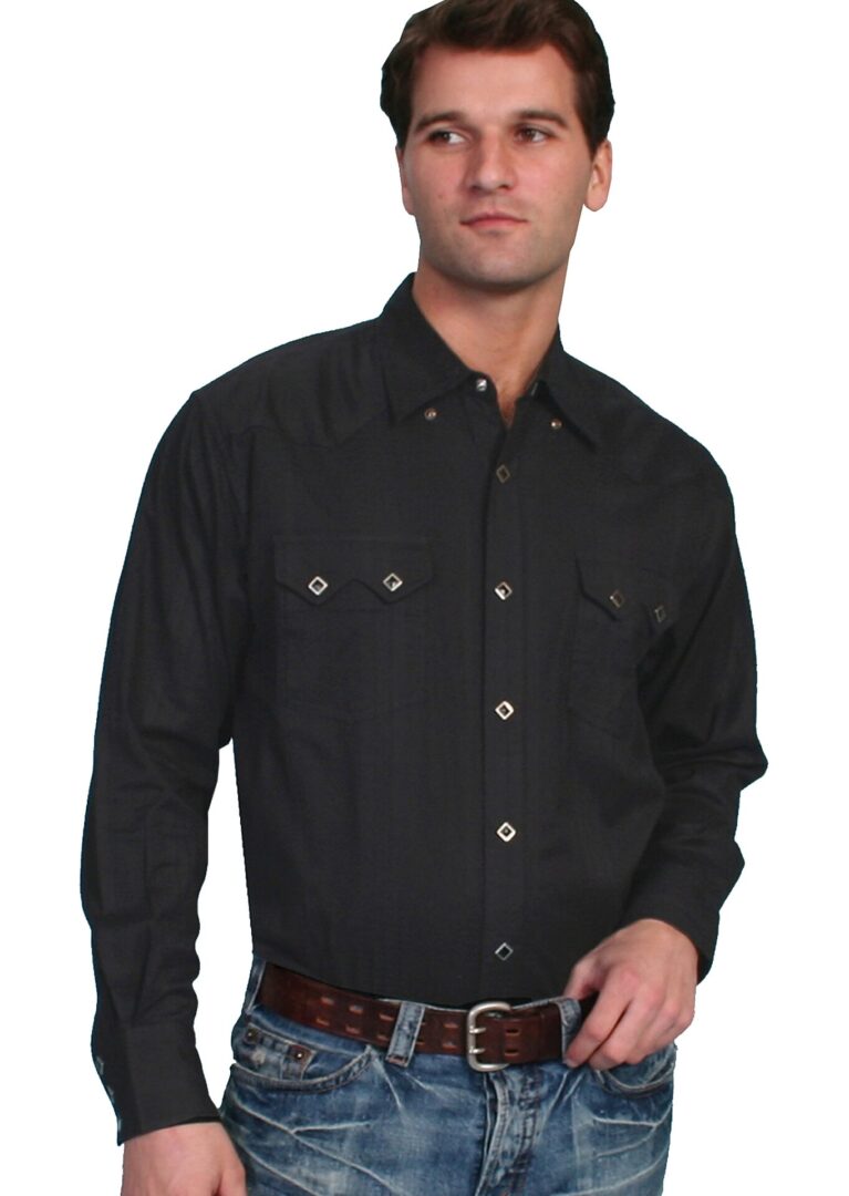 A man wearing a Mens Scully Sawtooth Pocket Dobby Stripe Black Western Shirt.