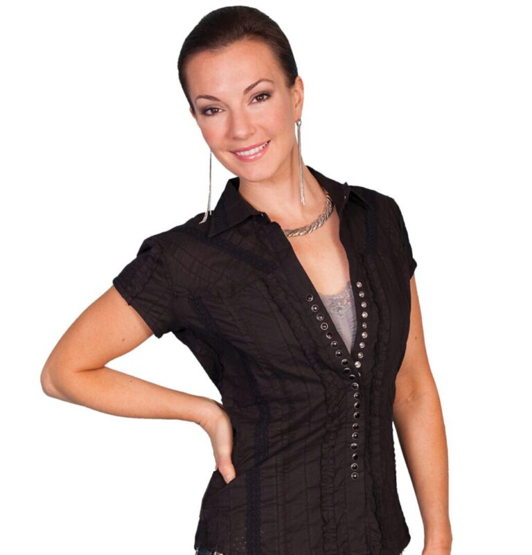 Womens Scully 20 snap Short Sleeve Black frill western shirt