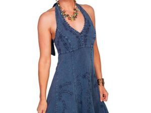 Womens Cotton Blue Denim Halter Dress