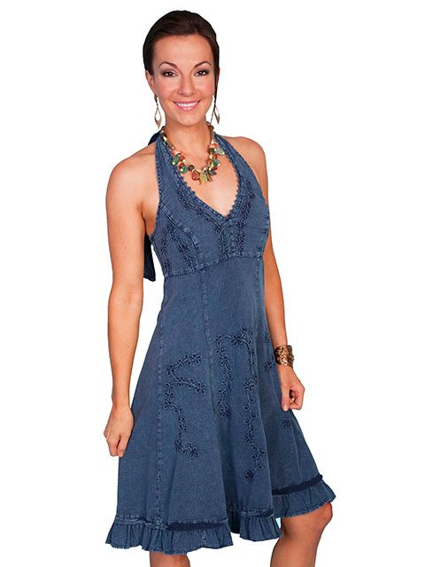 Womens Cotton Blue Denim Halter Dress