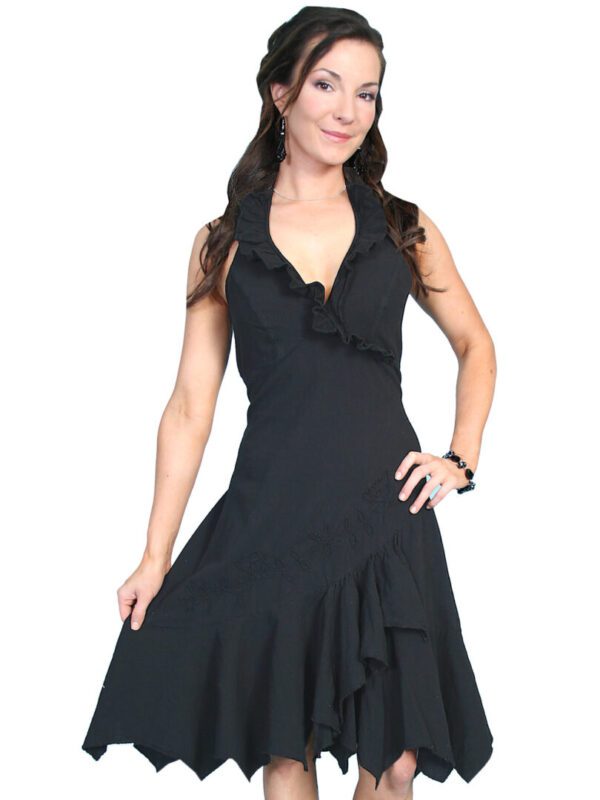 A woman is posing in a Scully Womens V Neck Peruvian Cotton Black Ruffled Halter Dress.