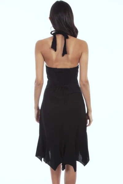 V Neck Peruvian Cotton Women's Black Ruffled Halter Dress