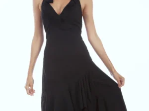 V Neck Peruvian Cotton Women's Black Ruffled Halter Dress