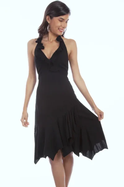 V Neck Peruvian Cotton Women's Black Ruffled Halter Dress