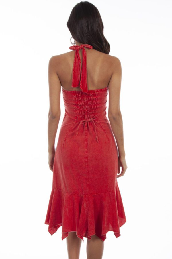 The back view of a woman wearing a Scully Womens V Neck Peruvian Cotton Orange Ruffled Halter Dress.