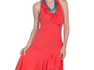 A woman in a Scully Womens V Neck Peruvian Cotton Orange Ruffled Halter Dress is posing for a photo.