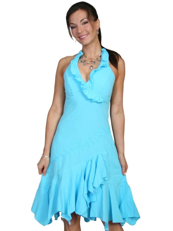 A woman in a Scully Womens V Neck Peruvian Turquoise Ruffled Halter Dress posing for a photo.