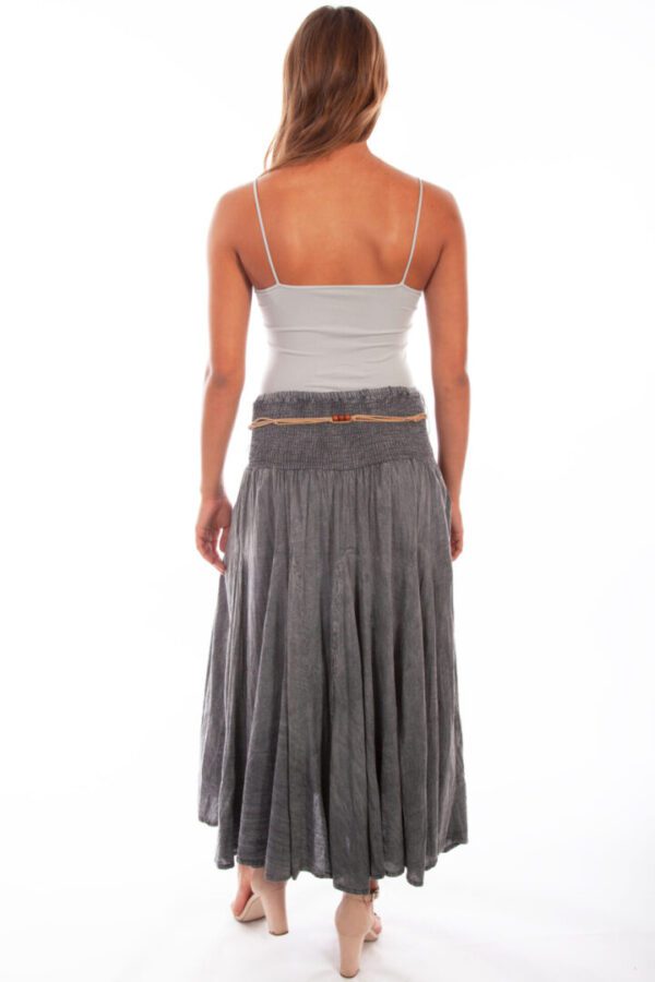 The back view of a woman wearing a Scully Womens Charcoal Grey Full Length Western Skirt.