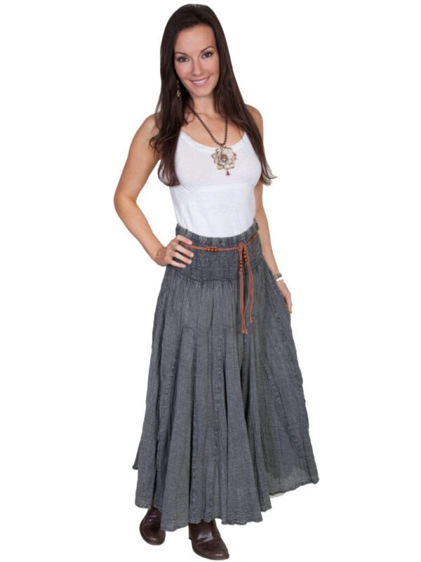 A woman is posing for a picture in a Scully Womens Charcoal Grey Full Length Western Skirt.
