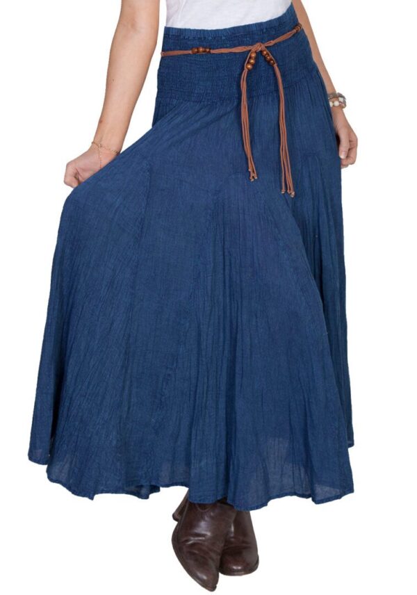 A woman is posing in a Scully Womens Blue Denim Full Length Western Skirt.