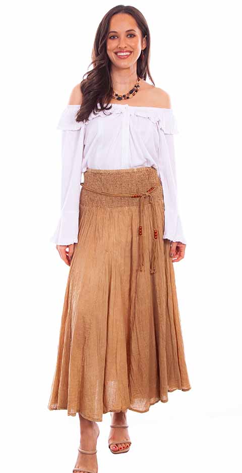 A woman is posing in a Scully Womens Full Length Khaki Tan Western Skirt.