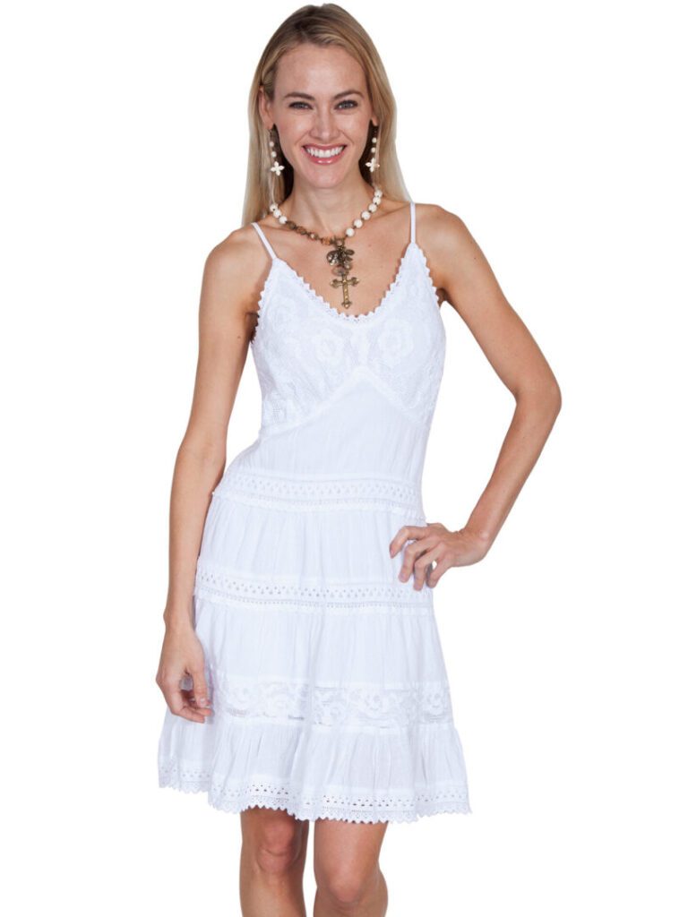 A Womens Peruvian Cotton Short White Western Spaghetti Dress is posing for the camera.