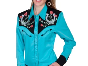 A woman wearing the "Winners Circle" Mens Turquoise Western shirt by Scully.