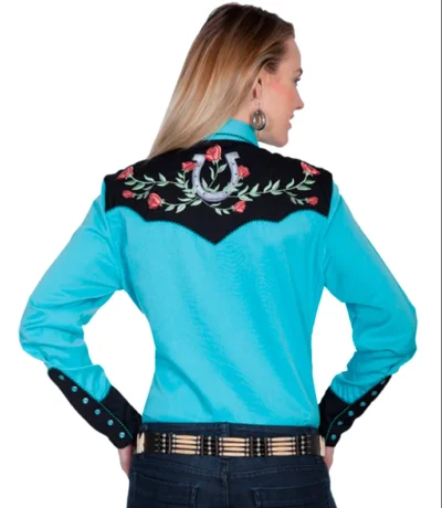 The back view of a woman wearing a "Winners Circle" Mens Turquoise Western shirt by Scully.