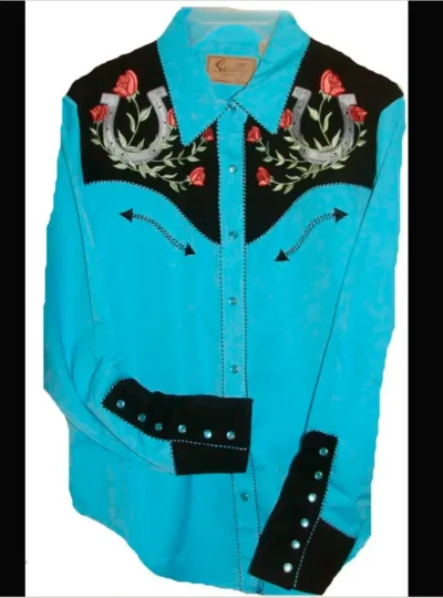 A "Winners Circle" men's turquoise embroidered western shirt by Scully.