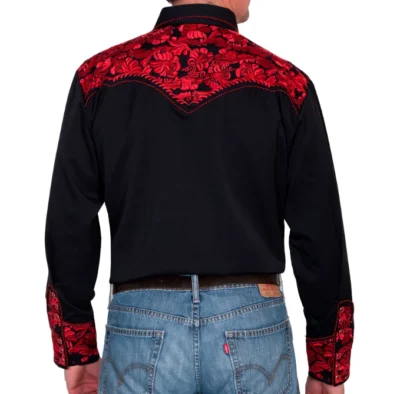 The back of a man wearing the Lady Crimson Gunfighter Red Womens western shirt by Scully.