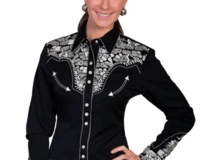 A woman wearing a Silver Lady Gunfighter Scully Women's Black western shirt.