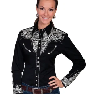 Scully women's Silver embroidered Black western shirt.