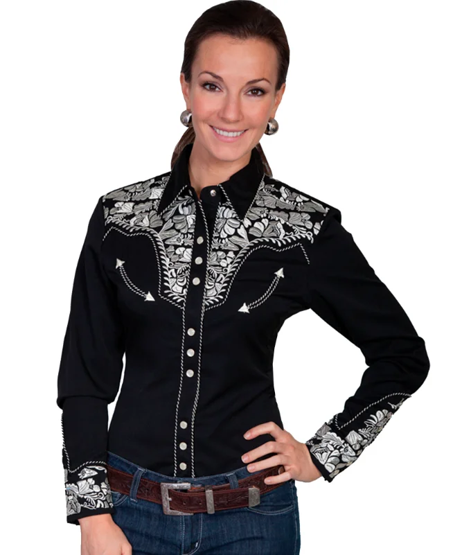 A woman wearing a Silver Lady Gunfighter Scully Women's Black western shirt.
