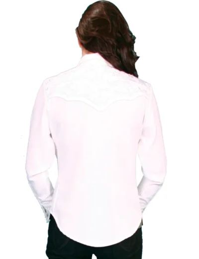 The back view of a woman wearing a white Lady Gunfighter Scully Women's White Western Shirt.