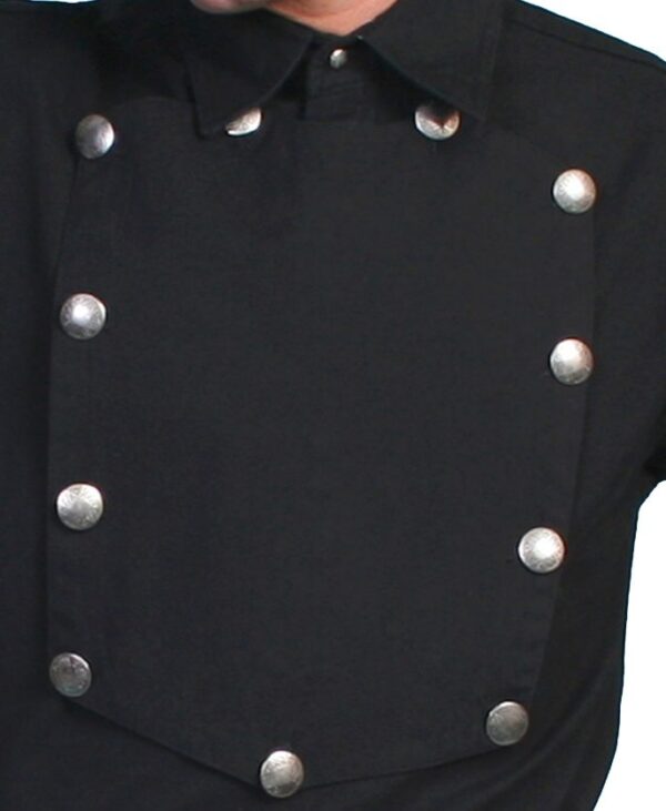 A man wearing a Mens Scully Black Engineer bib shirt Reg n Big with silver buttons.
