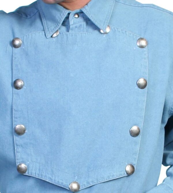 A man wearing a Mens Scully Denim Blue Engineer bib shirt Reg n Big with silver buttons.