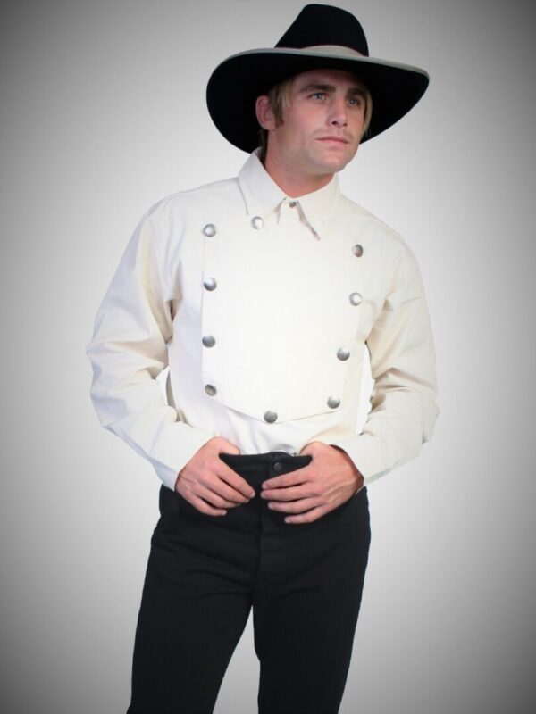 A man wearing a Mens Scully Natural Engineer bib shirt Reg n Big and cowboy hat.