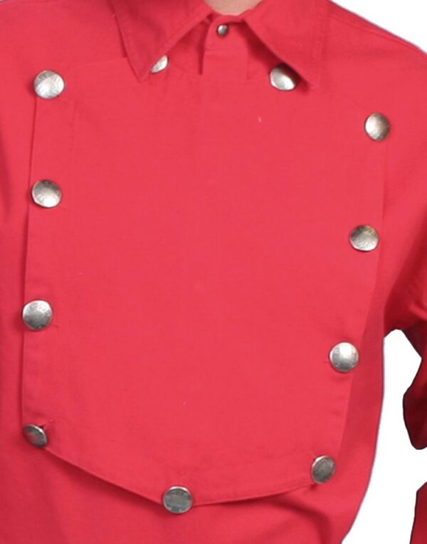 A man wearing a Men's Scully Red Engineer bib shirt Reg n Big with silver buttons.