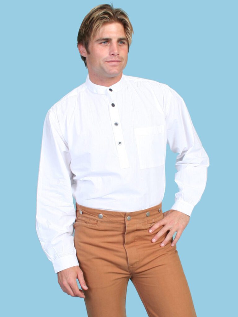 A man wearing a Mens Scully White Sheared pull over banded collar shirt and brown pants.