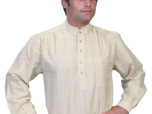 A man wearing a Mens Scully Ivory Tombstone pull over banded collar shirt.