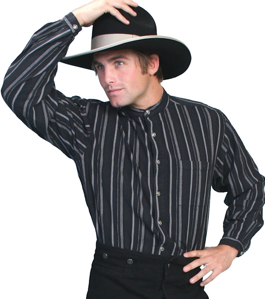 A man in a Mens Scully Black Stripe Chest Pocket Banded Collar Shirt and cowboy hat.