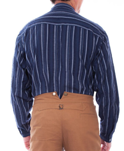 The back of a man wearing a Mens Scully Blue Stripe Chest Pocket Banded Collar Shirt and tan pants.