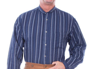 A man in a Mens Scully Blue Stripe Chest Pocket Banded Collar Shirt and brown pants.