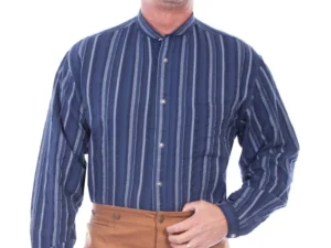 Men's Scully Blue Stripe Chest Pocket Banded Collar Shirt