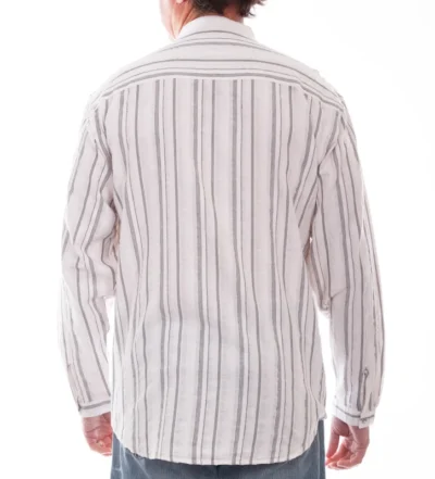 Mens Scully Grey Stripe Chest Pocket White Banded Collar Shirt